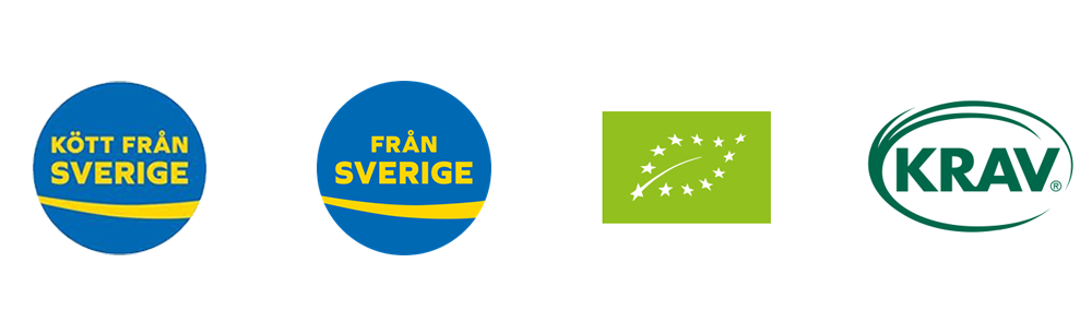 Kött från Sverige, Från Sverige, EU-krav och KRAV-märkning i vita cirklar.